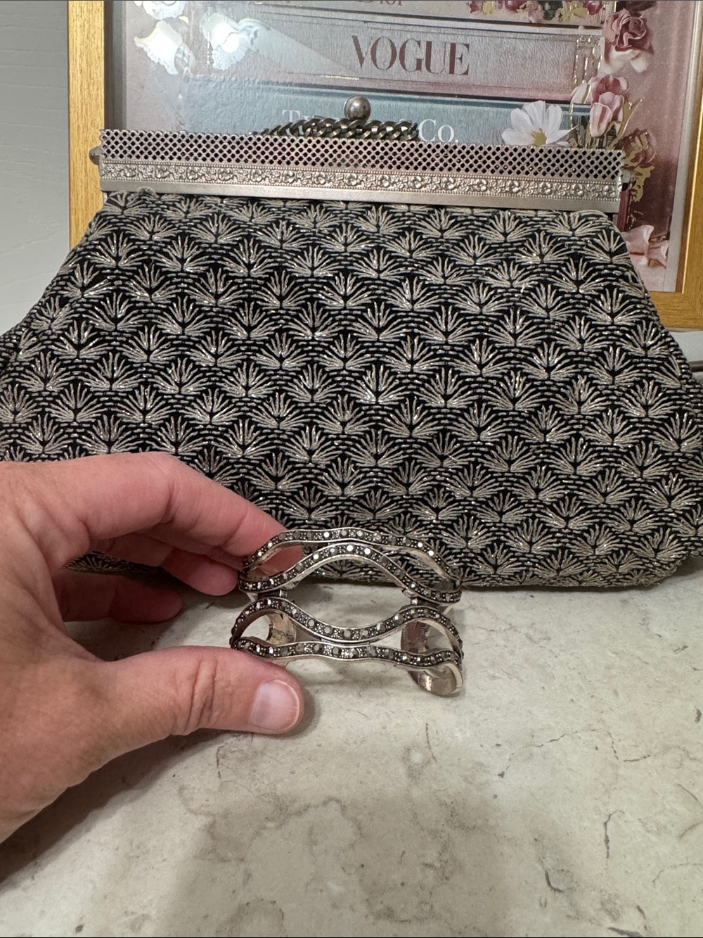 Vintage Black & Silver Evening Clutch with coordinating marcasite cuff bracelet